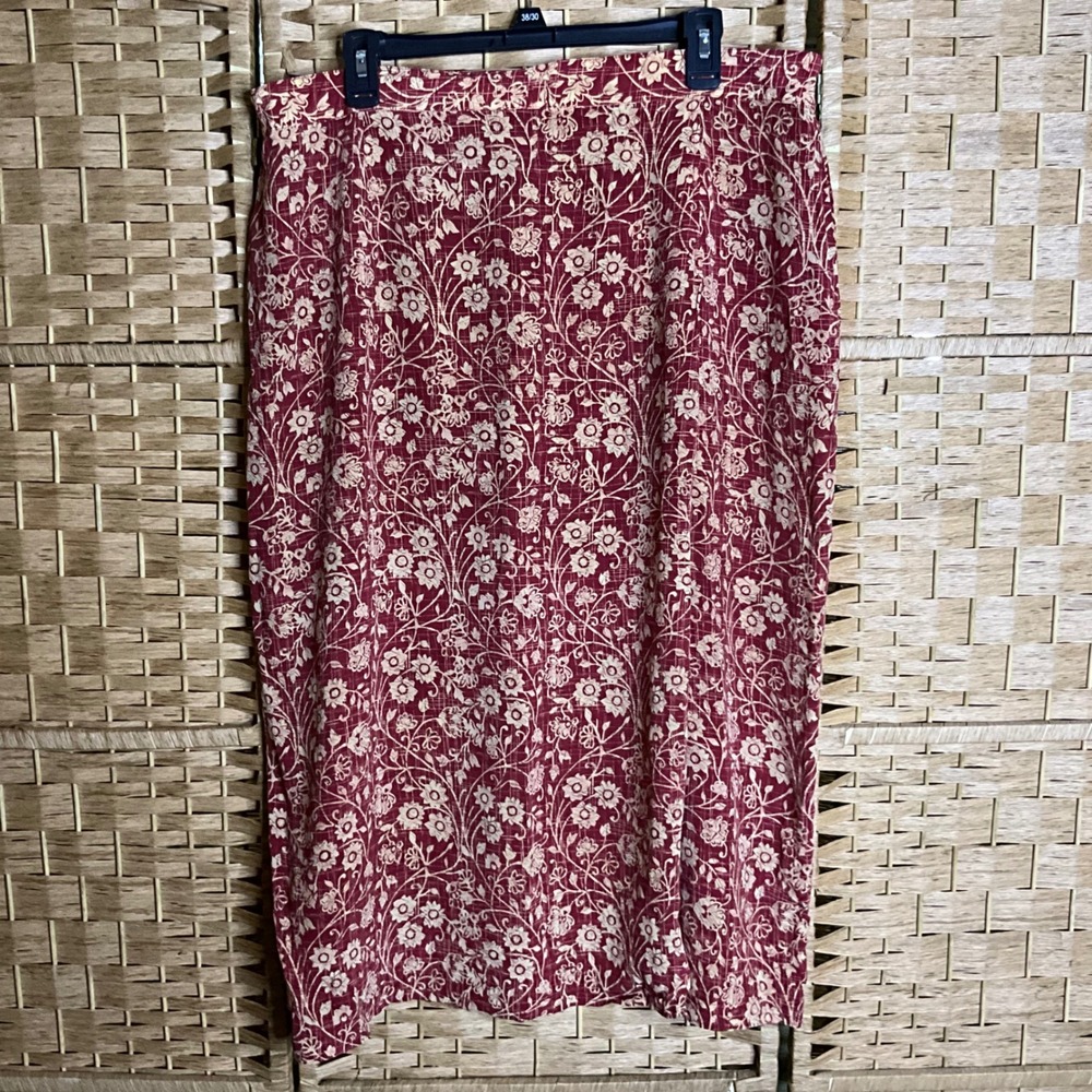 Burgundy Floral Print Midi Skirt‎ Vintage Style Cottagecore Women's Skirt